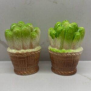 Vintage Asparagus in Basket Ceramic Salt and Pepper Shakers Japan Kitschy Fun